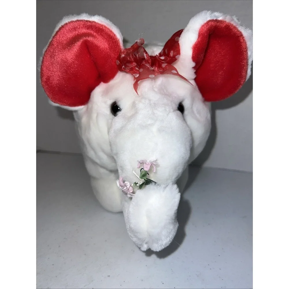 Vintage Walmart Plush White Elephant Red Polka Dot Bow Valentines Flower 10